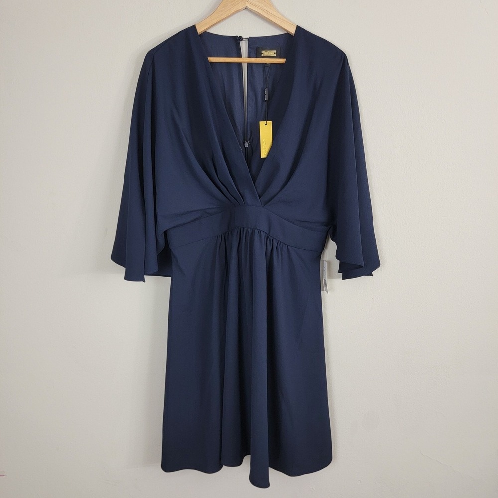Alexia Admor‎ Isla Draped Dolman Sleeve Fit & Flare Dress Navy Back Zipper